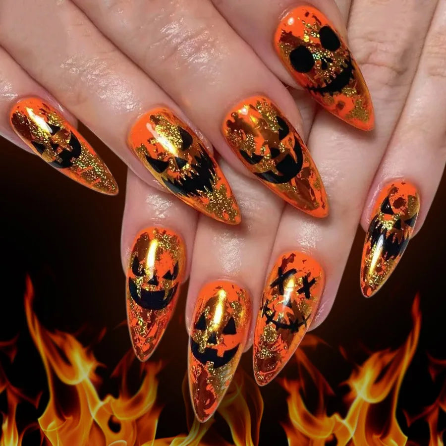 24pcs Halloween Fake Nails Red Decorated False Nail Almond Press on Nail Tips Halloween Cool Girl Long Fake Nail Halloween Nails