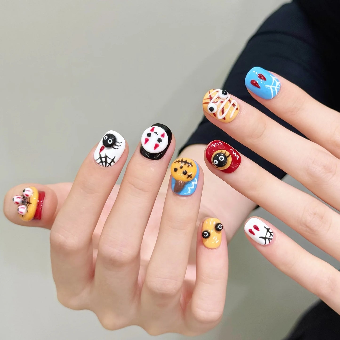 10pcs Short Round Handmade False Nails For Halloween 3D Pumpkin Ghost Spider Decor Press On Nails Sweet Cool Party Fake Nail