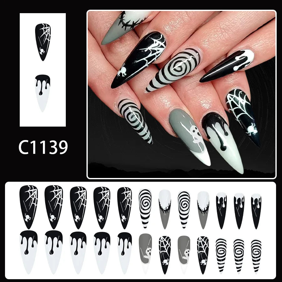 24pcs Halloween Fake Nails Red Decorated False Nail Almond Press on Nail Tips Halloween Cool Girl Long Fake Nail Halloween Nails
