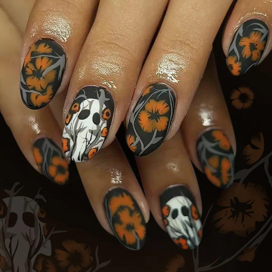 24pcs 2025 Halloween Almond Press on Nails French False Nails Kawaii Wearable Stick-on Nails Fake Nail Uñas Накладные Ногти 네일팁