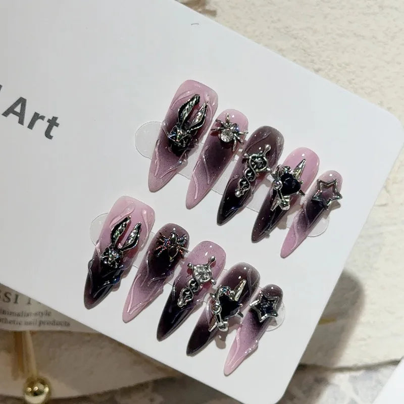 10 uñas postizas Y2k para Halloween, estilo punk oscuro, hechas a mano, con diseño de araña, conejito, dulce, picante, extraíbles y reutilizables.