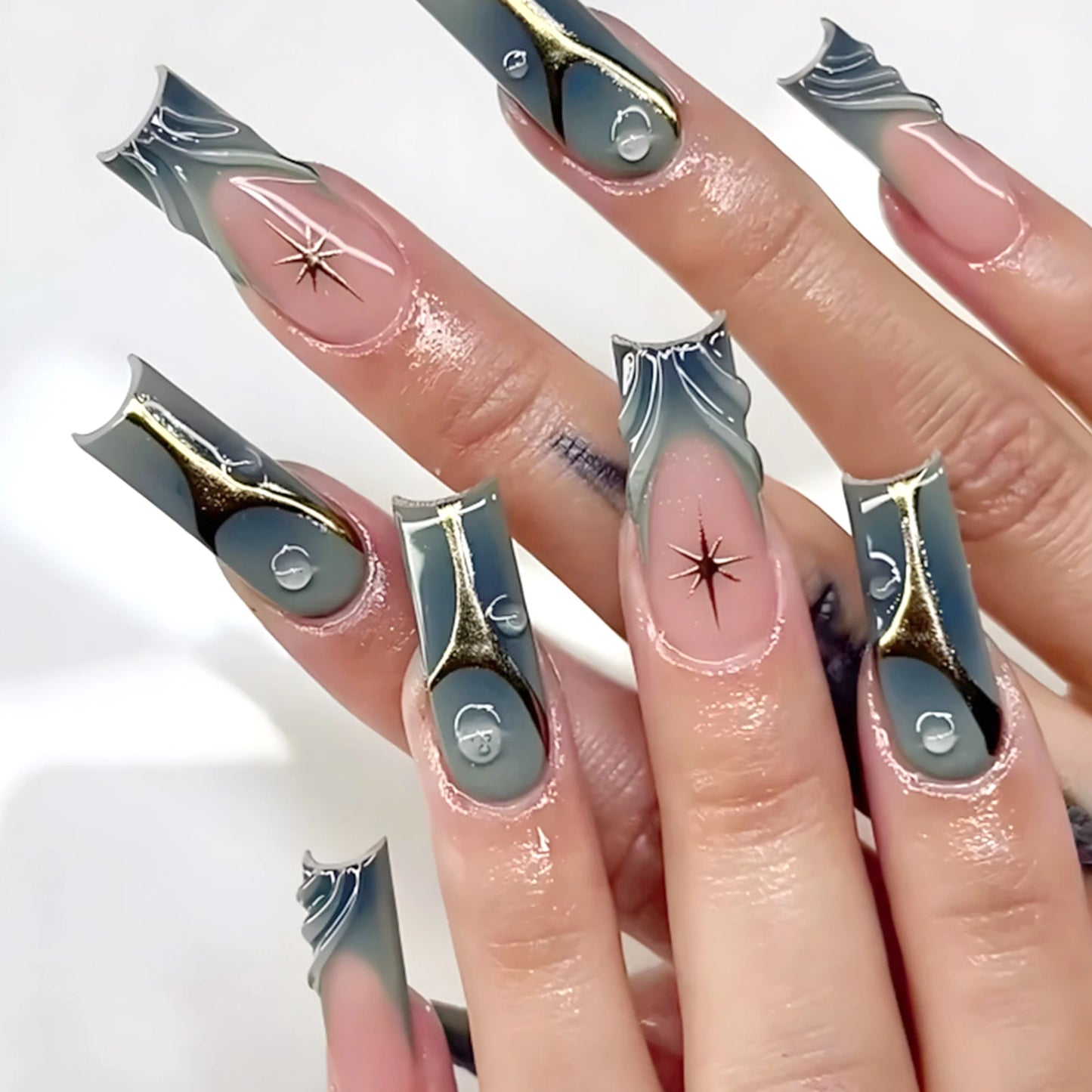 Halloween 3D Black Snake Press-On Nails - Y2K Dark Scrub Super Long (24 Pieces)