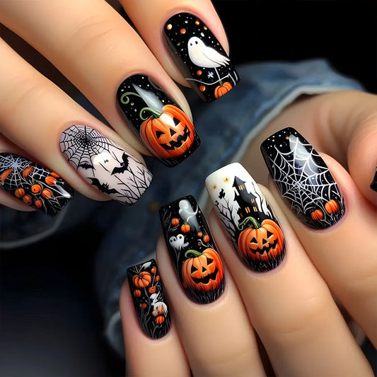 24Pcs Mid-length Square Nails Set Press on Pumpkin Bat Design False Nails Halloween Spider Web Wearable Full Cover Fake Nail Tip