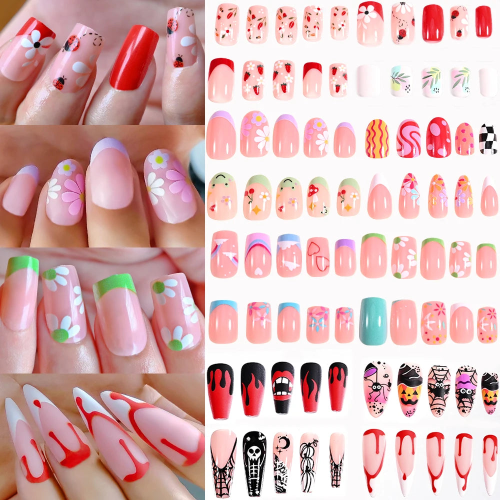 96Pcs/box Halloween Series False Nails #24*4 Press on Nails Ghosts Pumpkin Spider Design Full Cover Almond/Coffin Fake Nail Tips