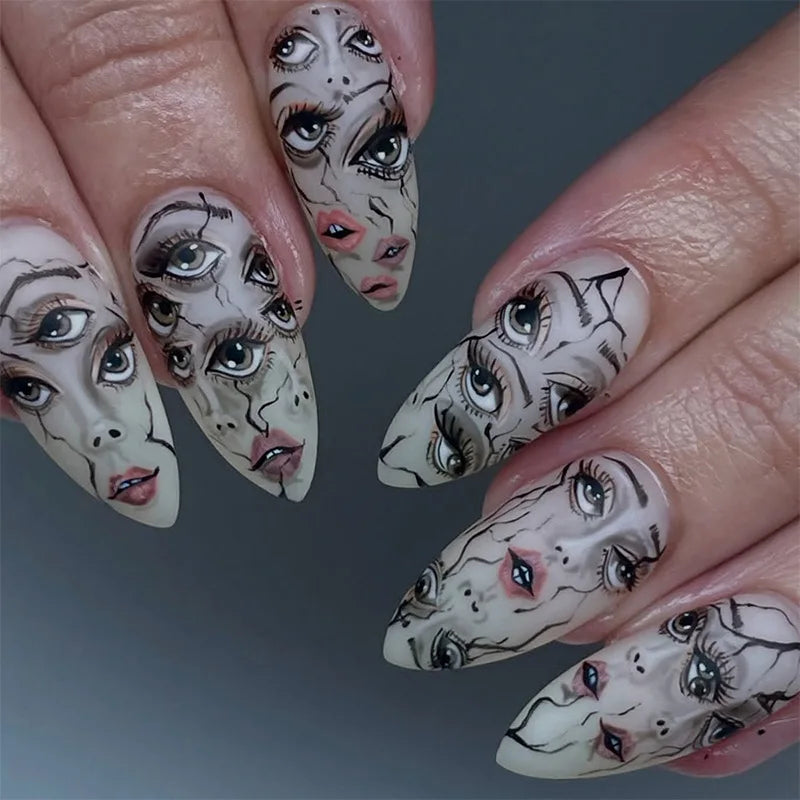 24pcs 2025 Halloween Almond Press on Nails French False Nails Kawaii Wearable Stick-on Nails Fake Nail Uñas Накладные Ногти 네일팁