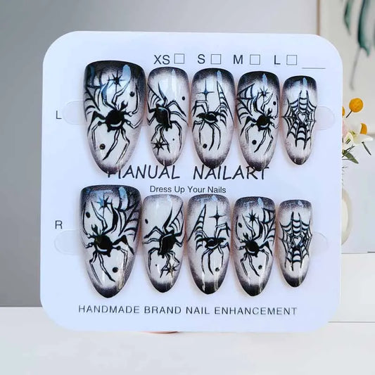 10Pcs Halloween Short Almond Shape Atmosphere Clown Black and White Ghost Spider Press on Nails Nail Patch False Nails Nails Art