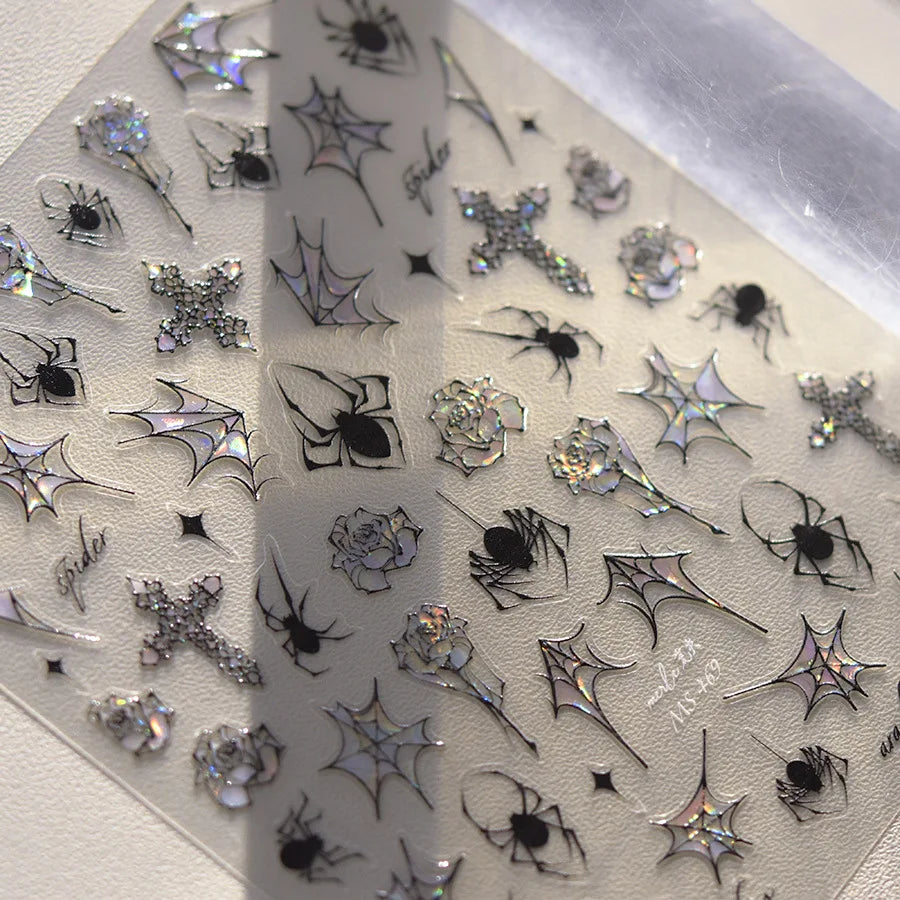 Silver Laser Jelly Halloween Spider Nail Stickers Retro Dark Style Decorative Stickers For Nails DIY Red Spider Manicure Decals