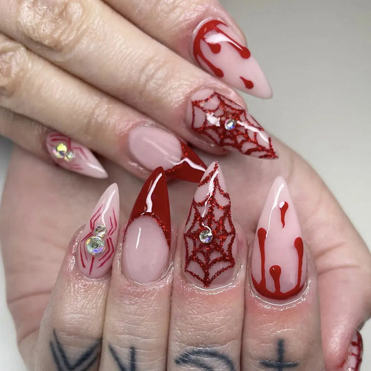 24pcs Almond False Nails Halloween Blood Red Short Full Cover Nail Tips with Spider Designfake Nail Art Wearable Press on Nails
