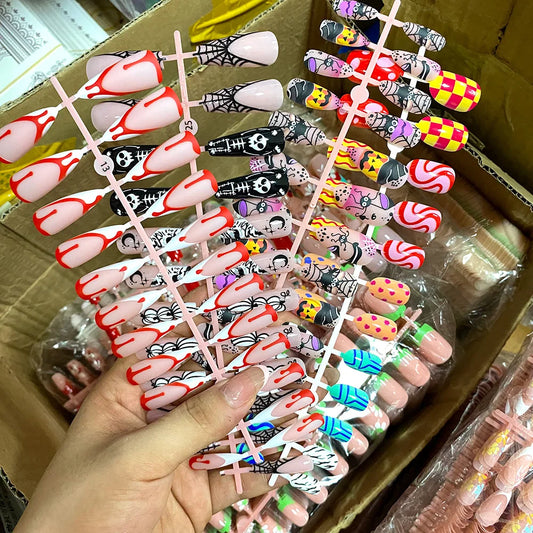 96Pcs/box Halloween Series False Nails #24*4 Press on Nails Ghosts Pumpkin Spider Design Full Cover Almond/Coffin Fake Nail Tips