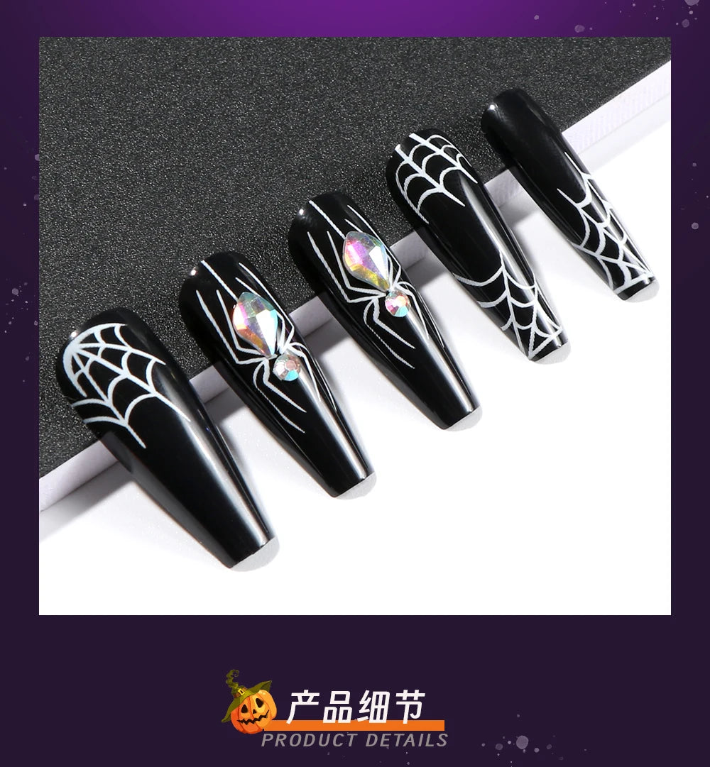 24 uñas postizas góticas oscuras con diseño de araña, 8 estilos, color nude, cuadradas y cortas, cobertura total, para usar