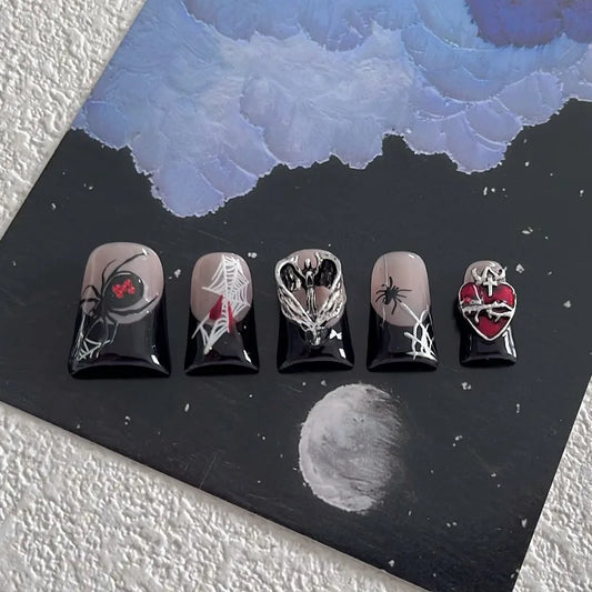 10pcs Sliver Spider Design Fake Nail Halloween Gothic Punk False Nail Tips Wearable Black Metal Duck Shaped FrenchPress on Nails