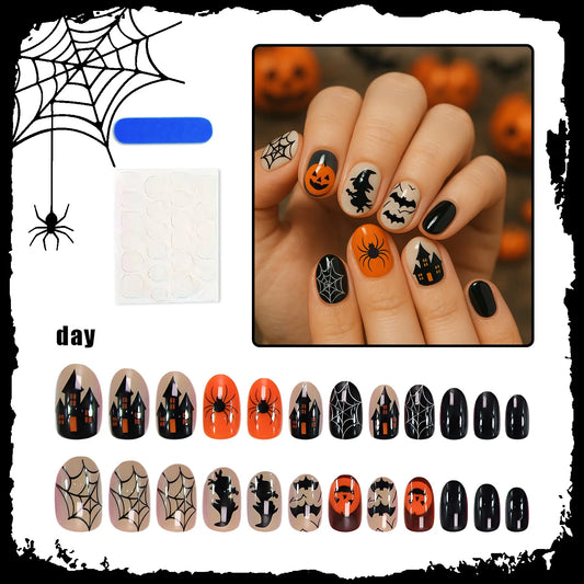 24Pcs Halloween Press on Nails Glow-in-the-Dark Spider Full Coverage Nail Tips for Women&Girl Removable Wearable False Nail