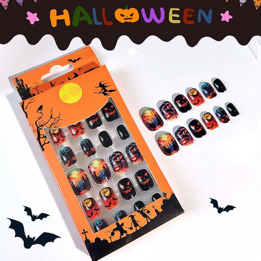 24Pcs/set Bat Spider Web Children Halloween False Nails Pumpkin Ghost Kids Cartoon Fake Nails Nail Supplies with Jelly Gel