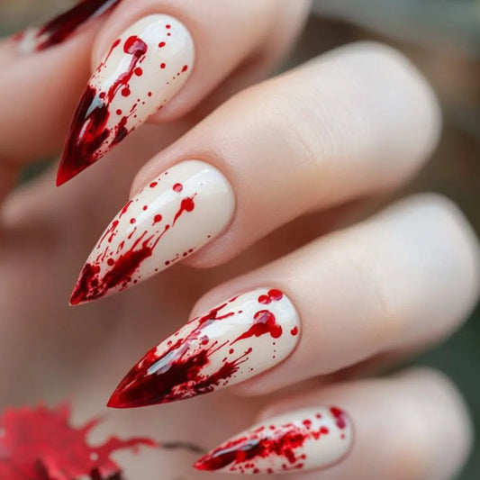 24Pcs Long Almond Halloween Press-On Nails - Black Spider Web Rhinestone Red Gradient