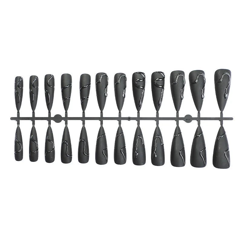 Halloween 3D Black Snake Press-On Nails - Y2K Dark Scrub Super Long (24 Pieces)