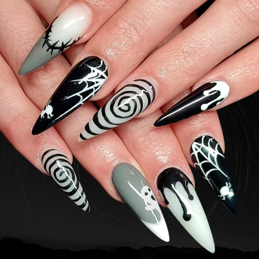 24pcs Halloween Fake Nails Red Decorated False Nail Almond Press on Nail Tips Halloween Cool Girl Long Fake Nail Halloween Nails