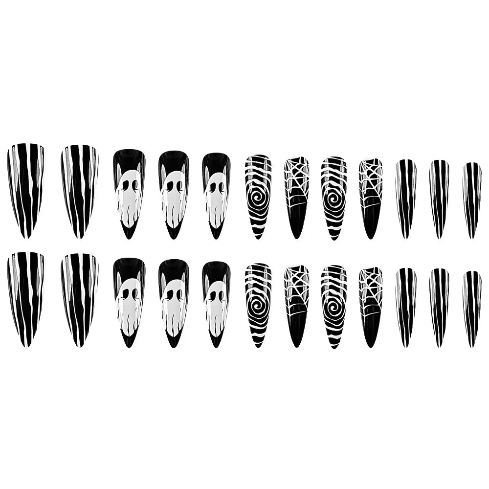 24 uñas postizas negras con diseño de telaraña fantasma, decoración en almendra, uñas postizas para usar en fiestas de Halloween.