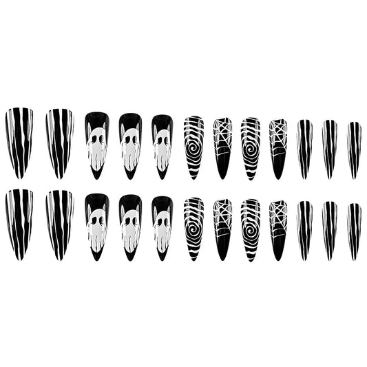 Halloween Black Press-On Nails - Ghost Spider Web Design (24 Pieces)
