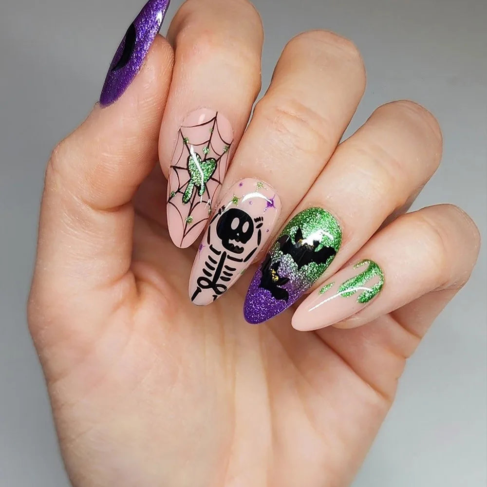 24Pcs Long Almond Halloween Press-On Nails - Black Spider Web Rhinestone Red Gradient