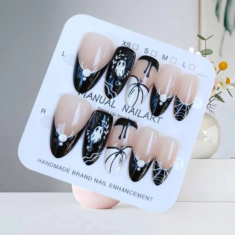 10Pcs Halloween Short Almond Shape Atmosphere Clown Black and White Ghost Spider Press on Nails Nail Patch False Nails Nails Art