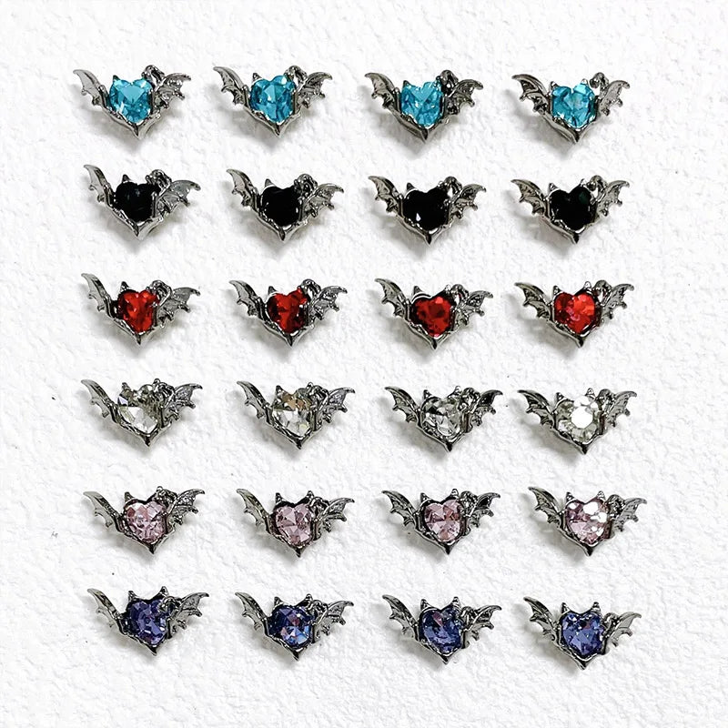 10pcs Gothic Punk Style Alloy Bat 3Heart D Nail Art Charms Spider Design For Halloween Nails Decoration Accessories