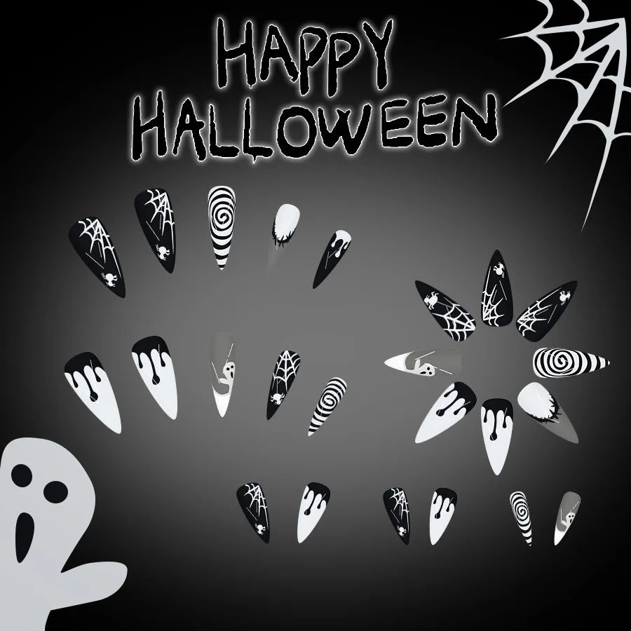 24pcs Halloween Fake Nails Red Decorated False Nail Almond Press on Nail Tips Halloween Cool Girl Long Fake Nail Halloween Nails