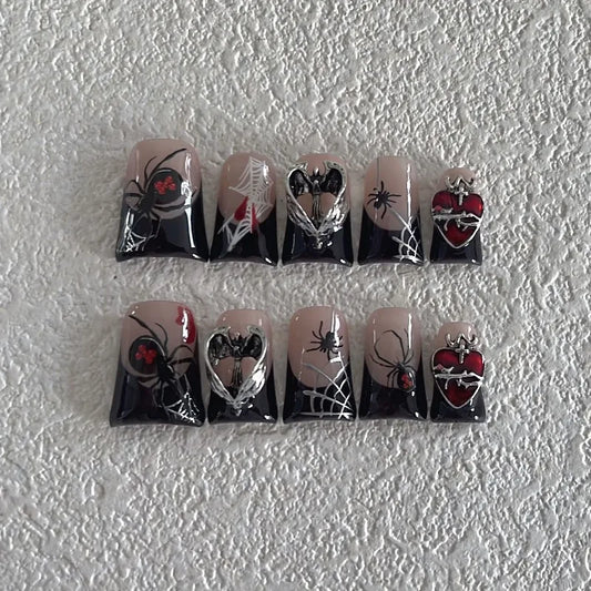 10pcs Sliver Spider Design Fake Nail Halloween Gothic Punk False Nail Tips Wearable Black Metal Duck Shaped FrenchPress on Nails