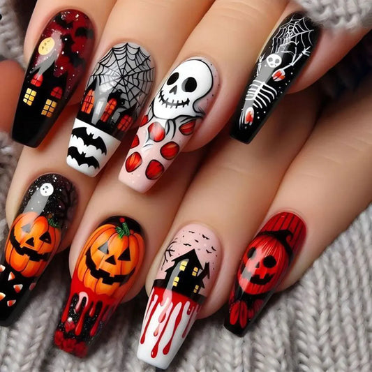 24pcs Golden Bat n Spider Net Design False Nails 2025 Halloween Fake Nails European Long Ballet Coffin Wearable Press on Nails