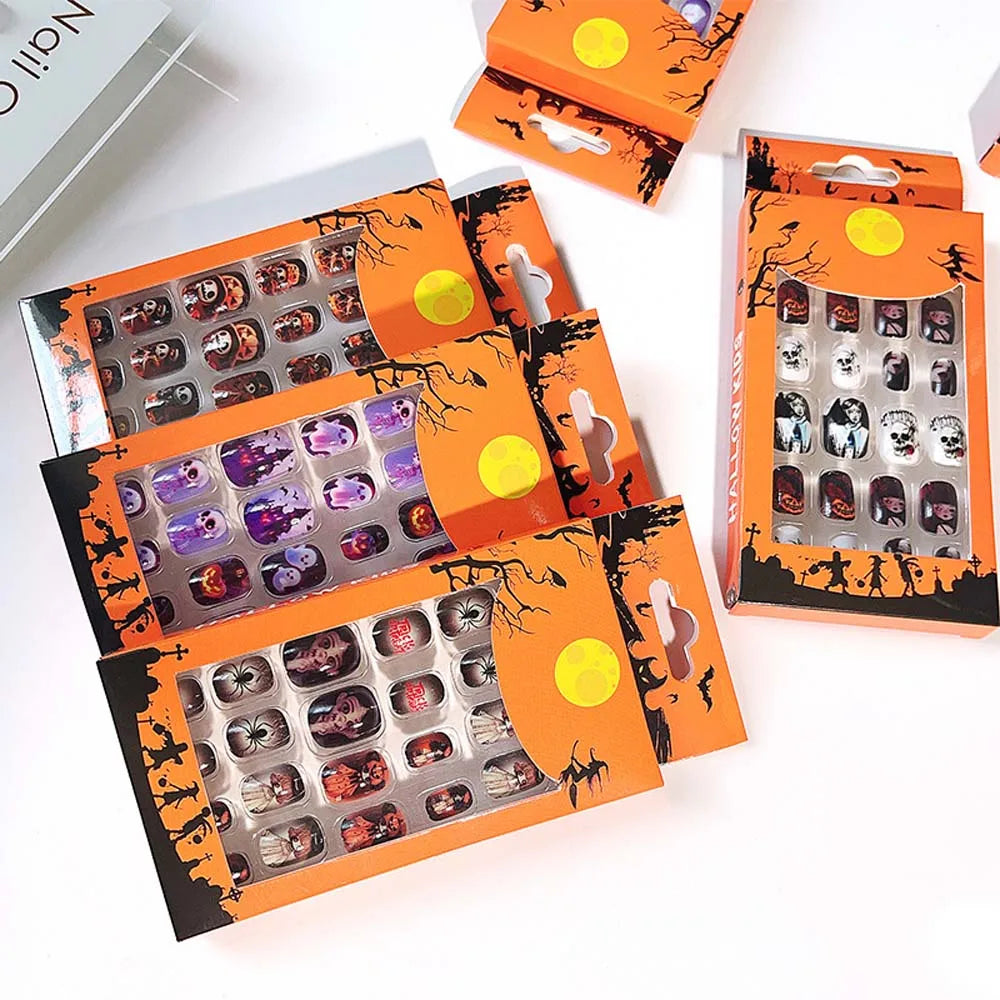 24Pcs/set Bat Spider Web Children Halloween False Nails Ghost Pumpkin Kids Cartoon Fake Nails with Jelly Gel Manicure Material