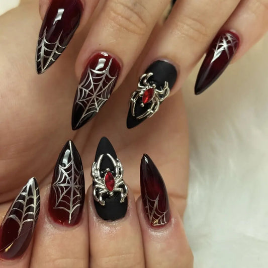 Halloween Gothic Spider Nails - 24pcs Silver Press-On Almond Nails Set