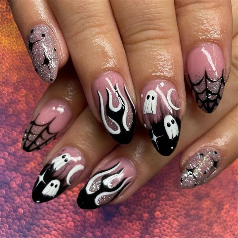 24Pcs Halloween Bat & Spider Press-On Nails - Almond French Fake Nails Full Cover