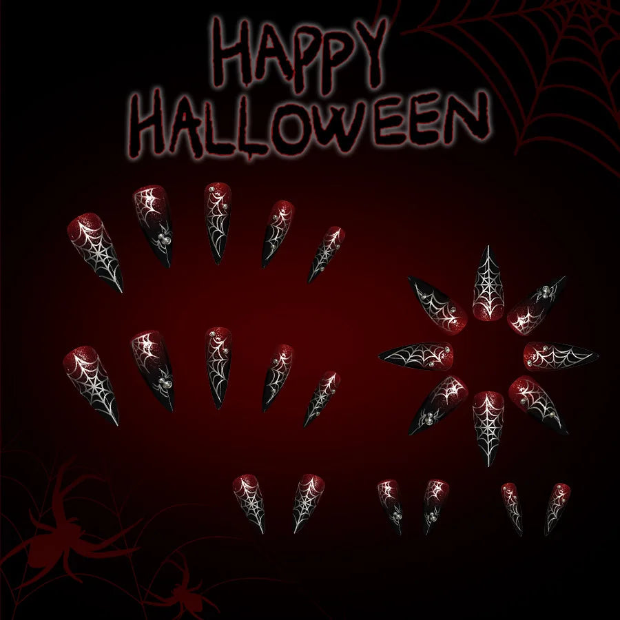 24pcs Halloween Fake Nails Red Decorated False Nail Almond Press on Nail Tips Halloween Cool Girl Long Fake Nail Halloween Nails