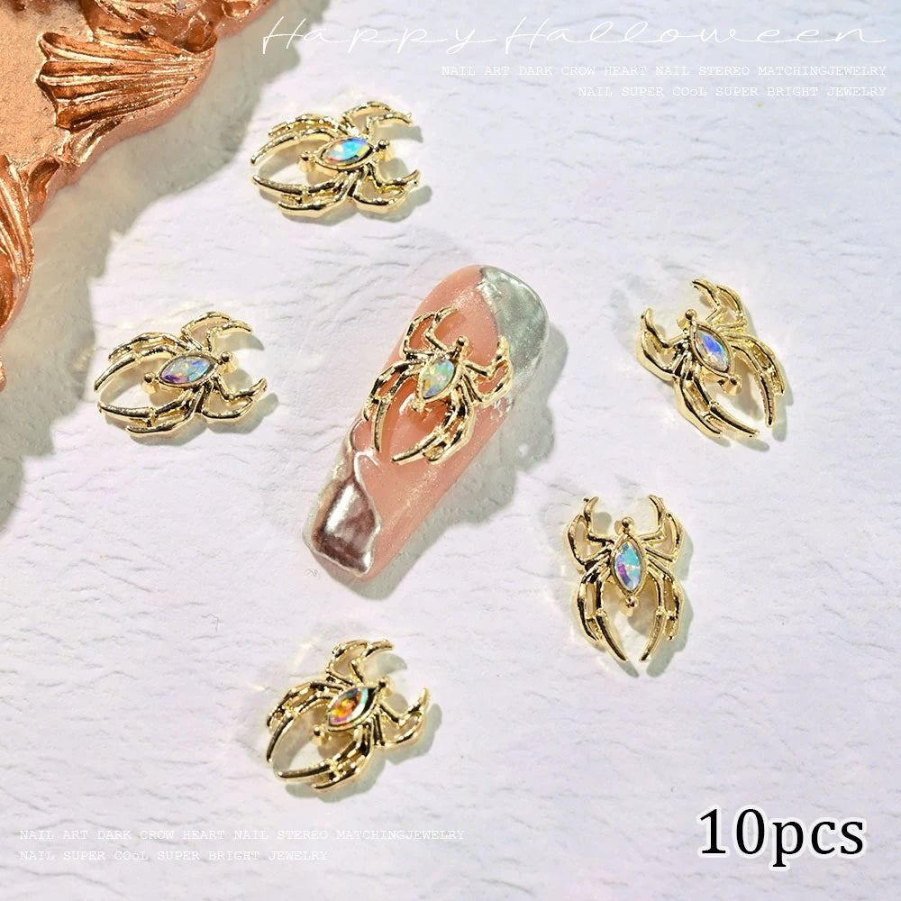 Halloween 3D Spider Nail Charms - Luxury Gold & Silver Alloy (10 Pieces)