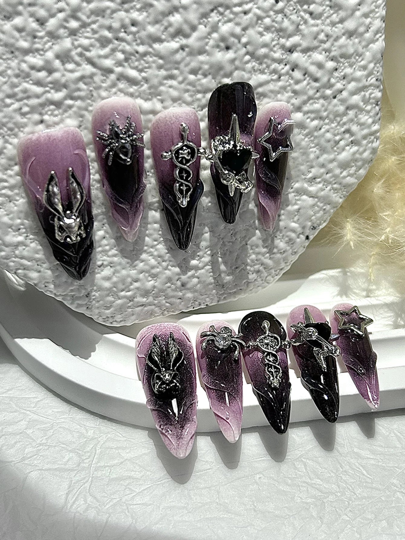 10 uñas postizas Y2k para Halloween, estilo punk oscuro, hechas a mano, con diseño de araña, conejito, dulce, picante, extraíbles y reutilizables.