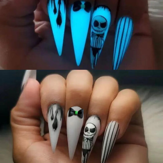 24pcs Halloween False Nails Glow in the Dark Ghost Spider Printed Press on Nail Halloween Manicure Supplies Wearable Fake Nails