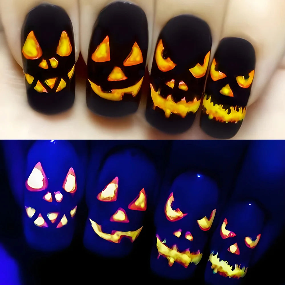 24pcs Halloween False Nails Glow in the Dark Ghost Spider Printed Press on Nail Halloween Manicure Supplies Wearable Fake Nails