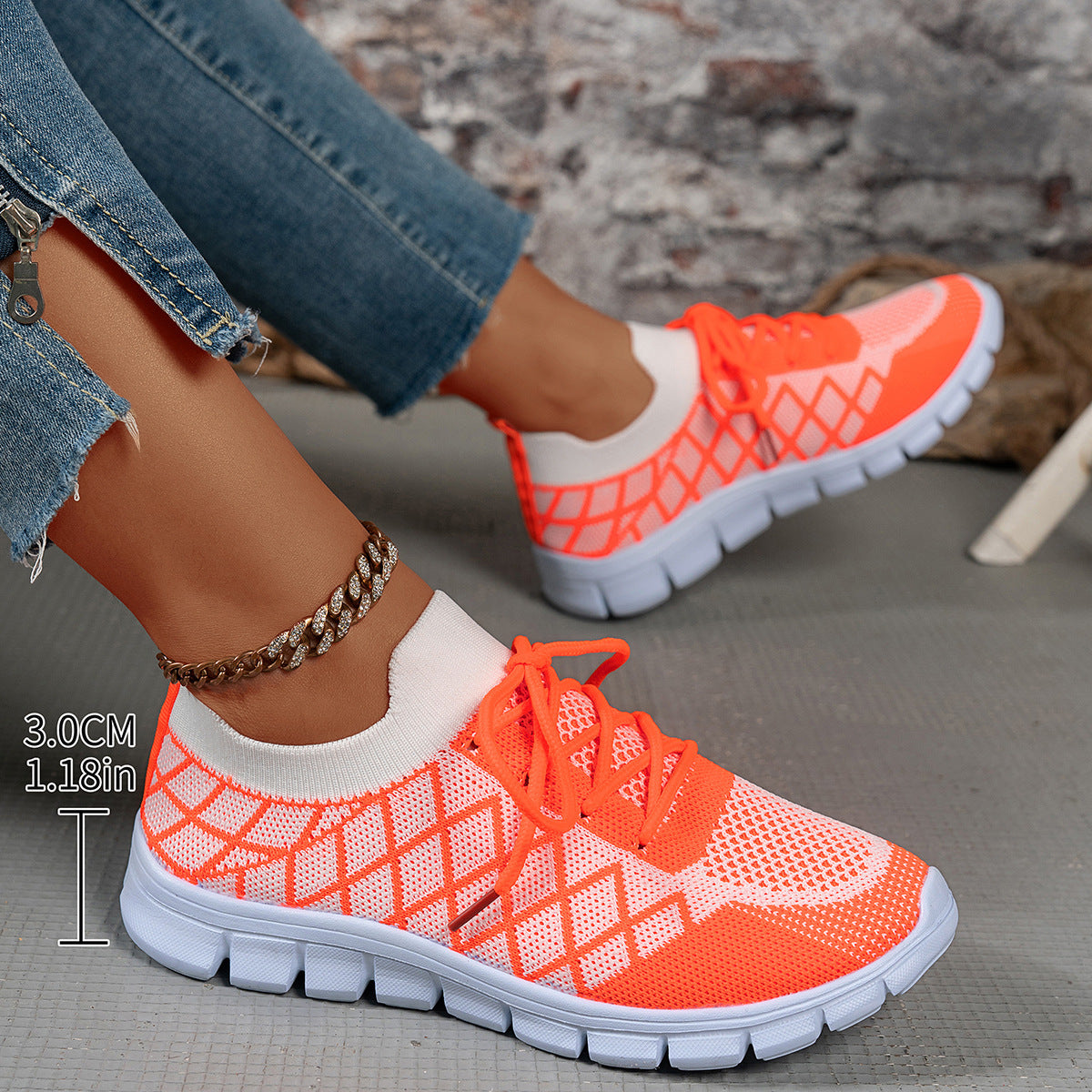 Colorblock Plaid Lace-Up Flyknit Sneakers Ins Mesh Casual Shoes Fashion Breathable Walking Running Sports Shoes For Women - Bests Sale