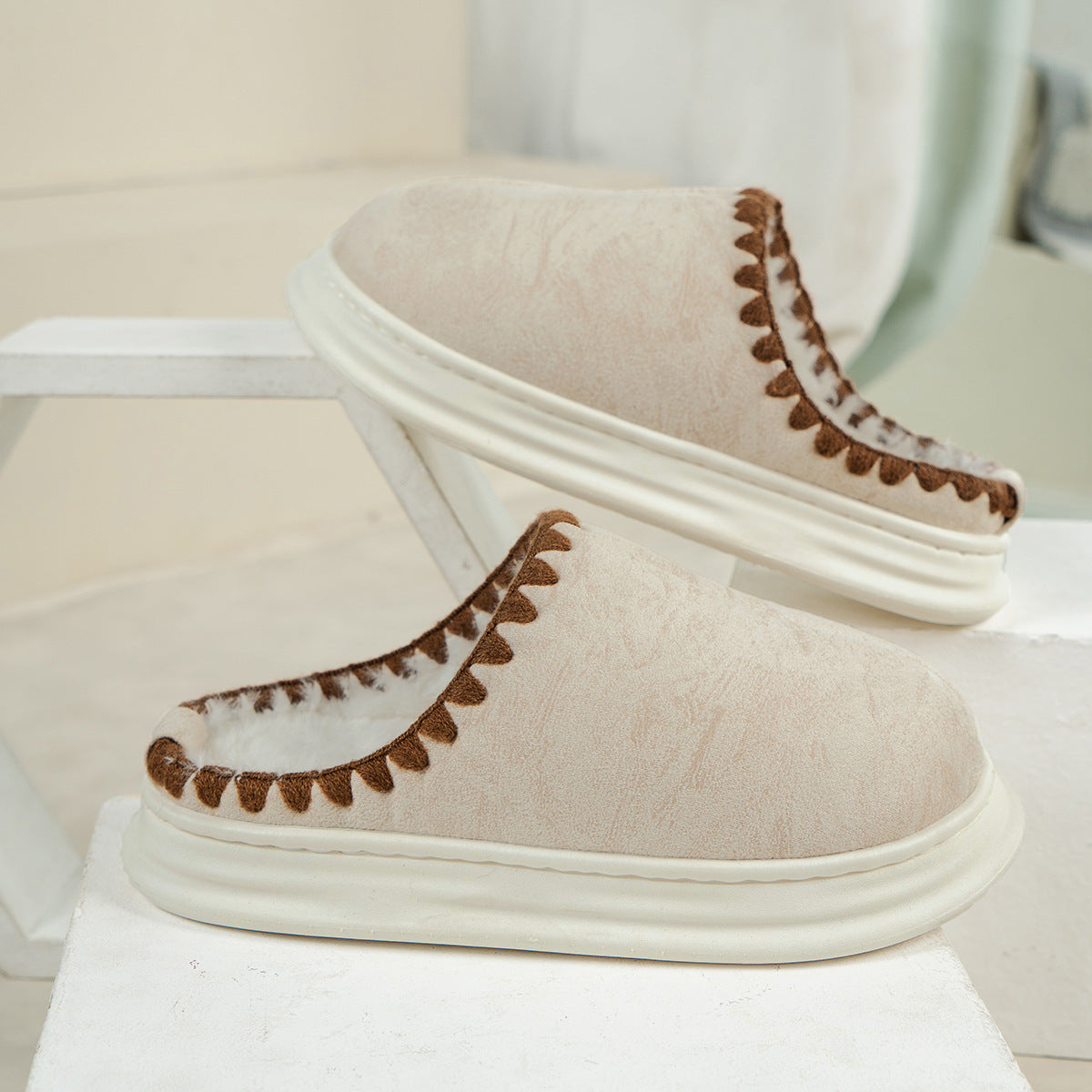 Winter Fashion Cotton Slippers With Sewing-side Design Indoor Non-slip Bedroom Floor Plush Slipper House Shoes Women Couple - Bests Sale