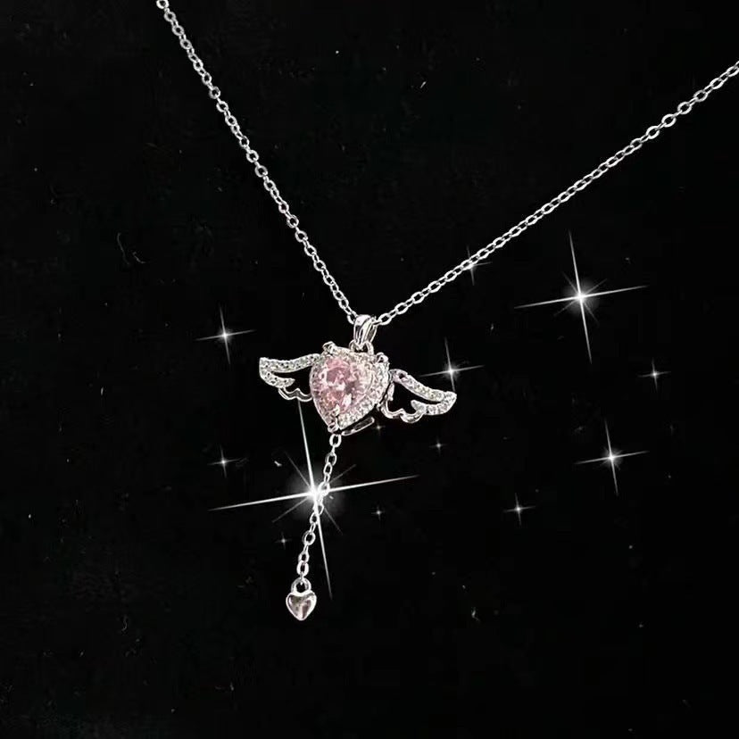 Moving Cupid Heart Angel Wings Tassel Necklace With Crystal Clavicle Chain Women Jewelry Gift Valentine's Day - Bests Sale