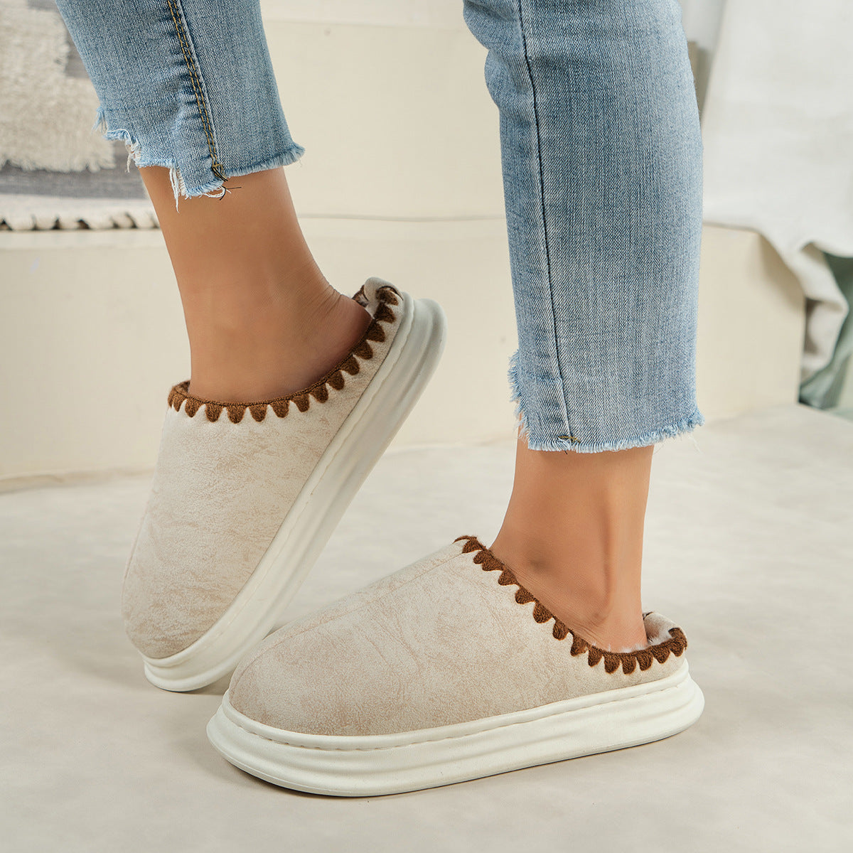 Winter Fashion Cotton Slippers With Sewing-side Design Indoor Non-slip Bedroom Floor Plush Slipper House Shoes Women Couple - Bests Sale