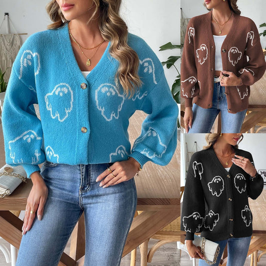Halloween Sweater Coat Women's Loose Casual Button Sweater Bests Sale