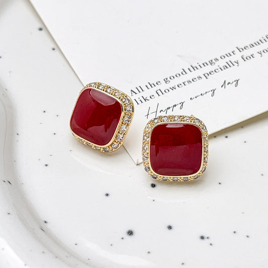 Retro Red Plate Temperament Inlaid Square Simple And Stylish Earrings - Bests Sale