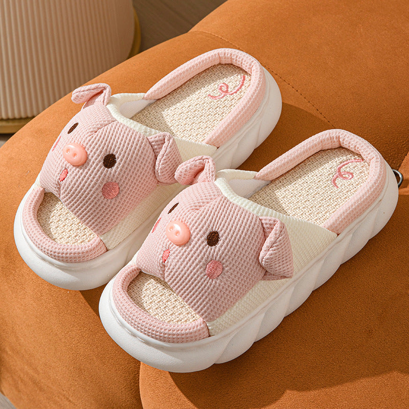 Piggy Cute Couple Open Toe Linen Cotton Linen Slippers - Bests Sale