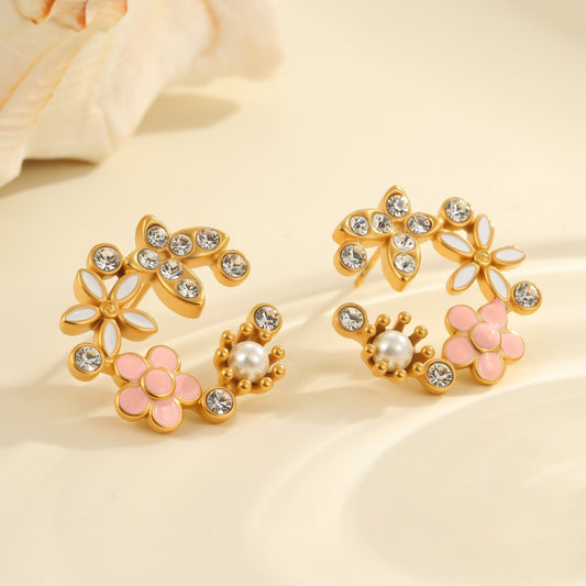 Diamond Colorful Oil Necklace Petal Stud Earrings - Bests Sale