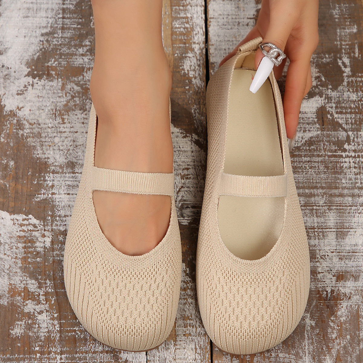 Women's Flat Bottom Pumps Plus Size Shallow Mouth Low-top Slip-on Flyknit - Bests Sale