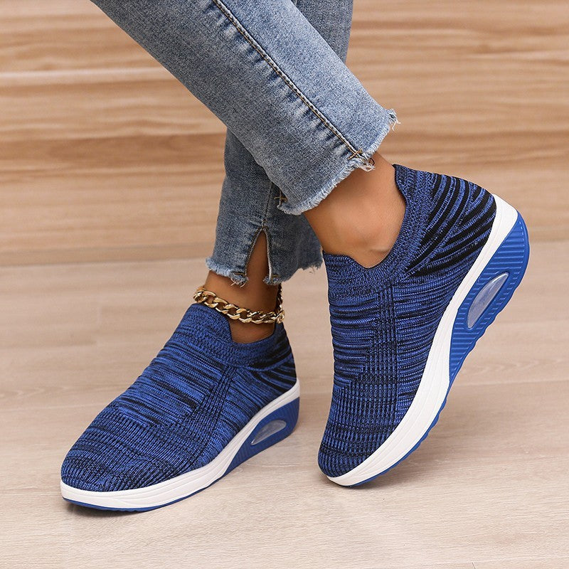 New Stripe Design Mesh Shoes Fashion Slip On Air Cushion Shoes Breathable Round-toe Flats Women - Bests Sale