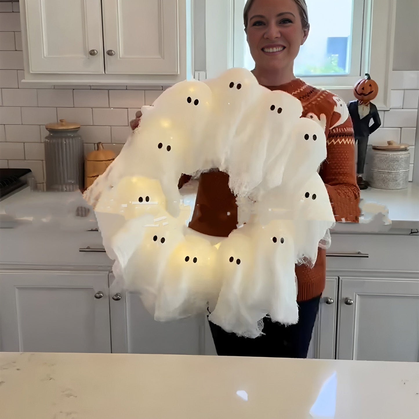Halloween Decorations Ghost Wreath Cute Ghost Halloween Door Sign For Door Porch Wall Holiday Home Decor Glow Ghost Lights Coffee Jasper
