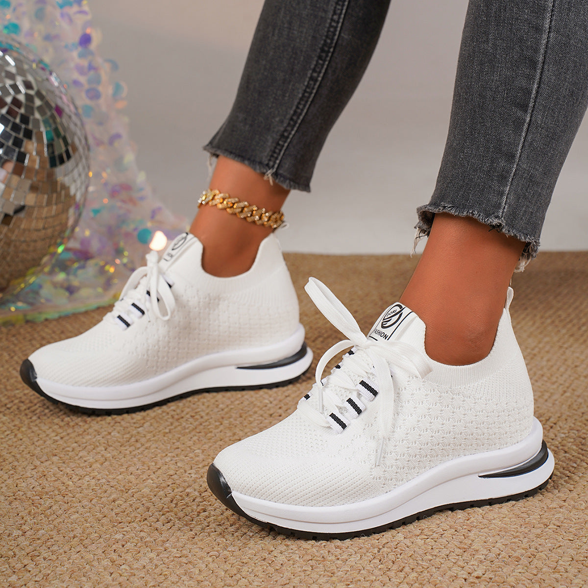 Plus Size Fashion Platform Flat Pumps Women's Casual Lace Up Mesh Sneaker - Bests Sale