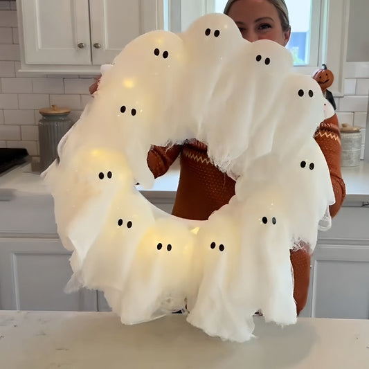 Halloween Decorations Ghost Wreath Cute Ghost Halloween Door Sign For Door Porch Wall Holiday Home Decor Glow Ghost Lights Coffee Jasper