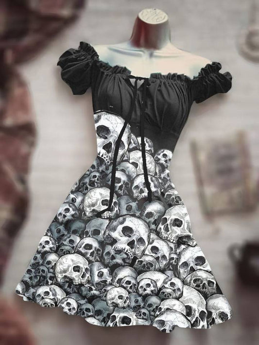 Halloween 3D Skull Print Women's Short Sleeve A- Line Skirt - Bests Sale
